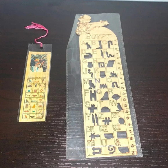 Papyrus Bookmark + 1 Wooden Ruler Egyptian Letters - Picture 1 of 4